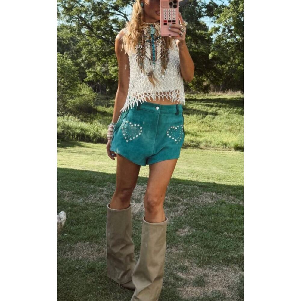 Understated Leather Wanted Shorts In Turquoise Stone, Size Med